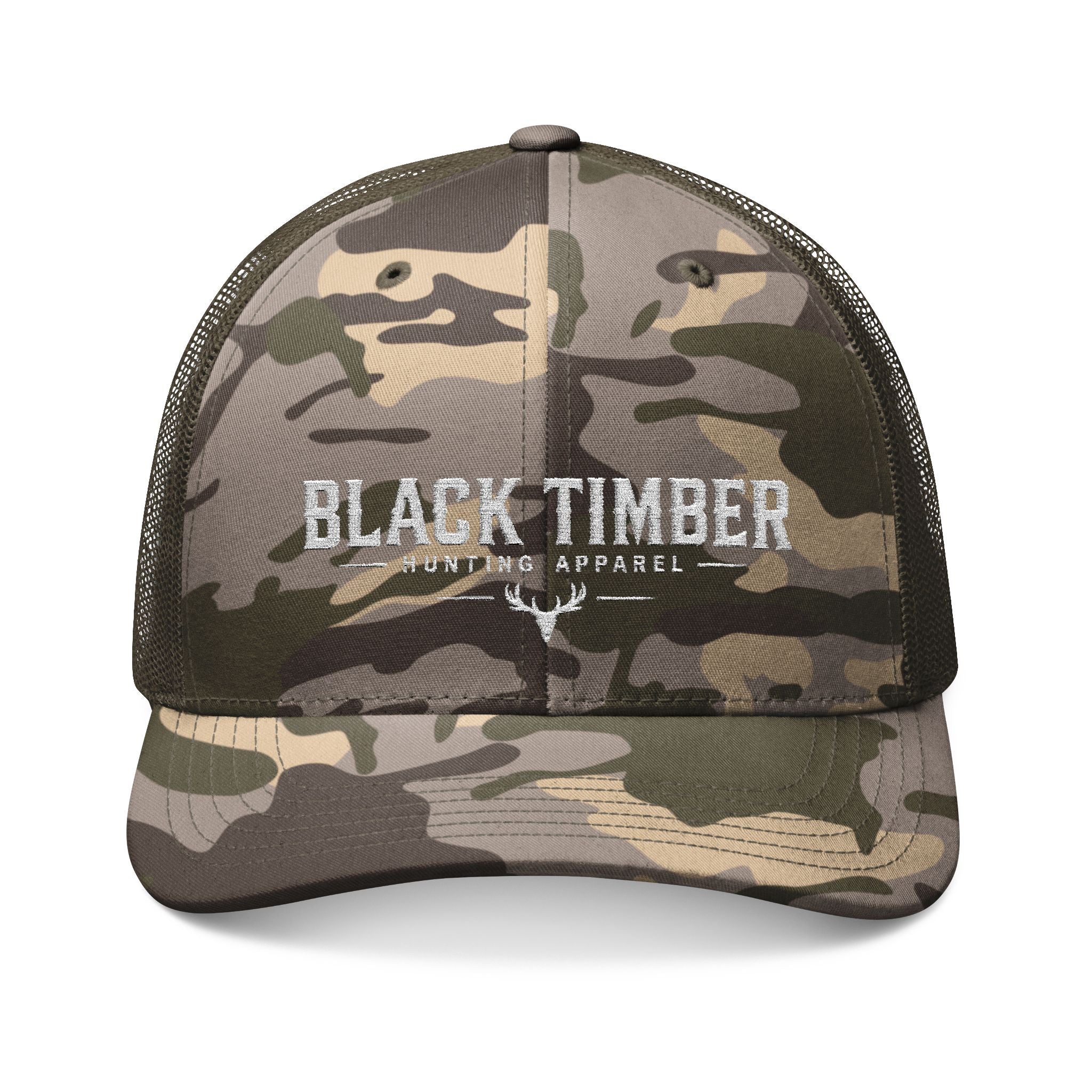 Camo Trucker Hat — "Black Timber" Embroidered Mesh Cap